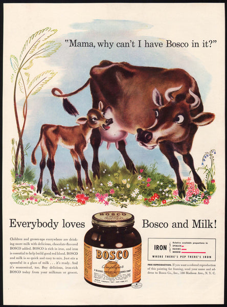 Vintage magazine ad BOSCO MILK AMPLIFIER 1941 art of cow and calf in field