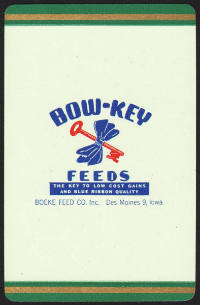 Vintage playing card BOW KEY FEEDS green background Boeke Feed Des Moines Iowa