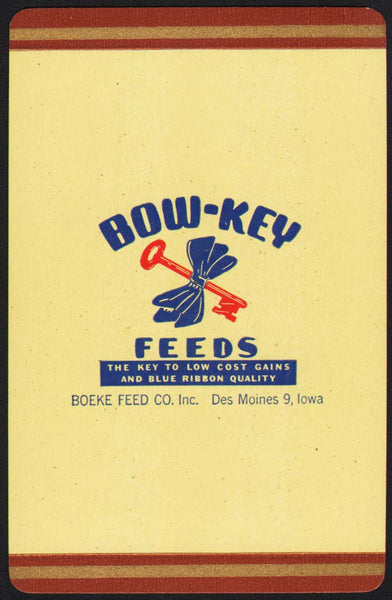 Vintage playing card BOW-KEY FEEDS yellow background Boeke Feed Des Moines Iowa