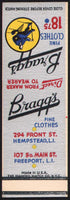 Vintage matchbook cover BRAGGS CLOTHES Hempstead Freeport LI NY salesman sample