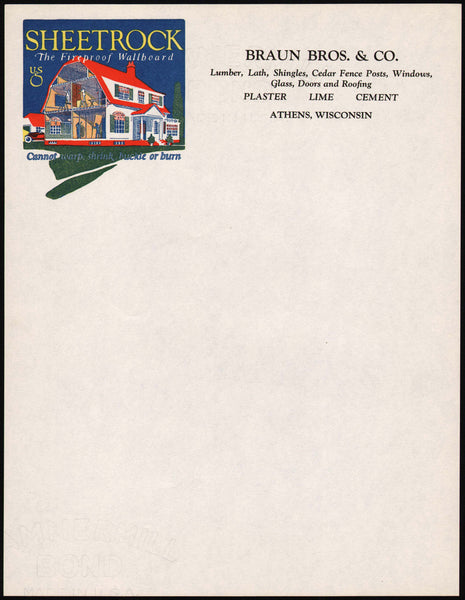 Vintage letterhead BRAUN BROS Lumber full color house Athens Wisconsin n-mint+
