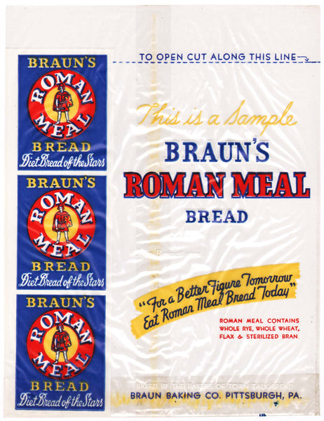 Vintage bag BRAUNS ROMAN MEAL BREAD Sample Joan Bennett movie star Pittsburgh PA