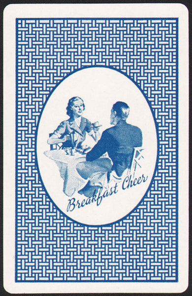 Vintage playing card BREAKFAST CHEER coffee blue background from Pittsburgh PA