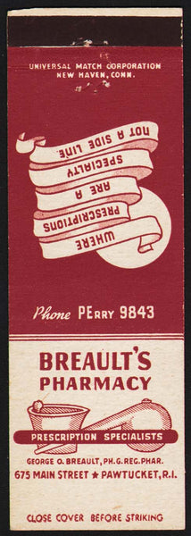 Vintage matchbook cover BREAULTS PHARMACY mortal pestle and beaker Pawtucket RI