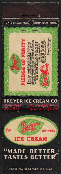 Vintage matchbook cover BREYERS ICE CREAM Pledge of Purity New York Newark Washington