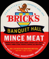 Vintage label BRICKS BANQUET HALL MINCE MEAT Crosswicks NJ oval shaped n-mint+