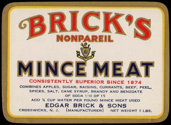 Vintage label BRICKS MINCE MEAT Nonpareil Crosswicks New Jersey 5lbs size n-mint+
