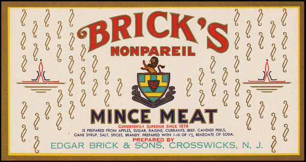 Vintage label BRICKS MINCE MEAT Nonpareil Crosswicks New Jersey unused n-mint+