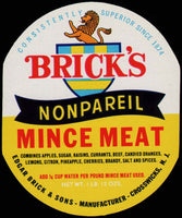 Vintage label BRICKS MINCE MEAT Nonpareil Crosswicks New Jersey oval shape n-mint+