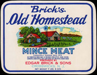 Vintage label BRICKS OLD HOMESTEAD MINCE MEAT Crosswicks New Jersey 7lb8oz n-mint+