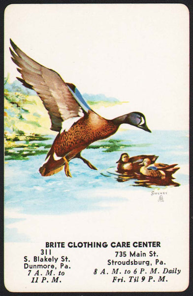 Vintage playing card BRITE CLOTHING CARE ducks by Sweney Dunmore Stroudsburg PA