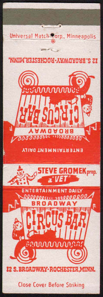 Vintage matchbook cover BROADWAY CIRCUS BAR clown pictured Rochester Minnesota