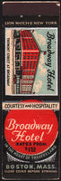 Vintage matchbook cover BROADWAY HOTEL picturing the hotel Boston Massachusetts