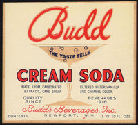 Vintage soda pop bottle label BUDD CREAM SODA Newport NH unused new old stock