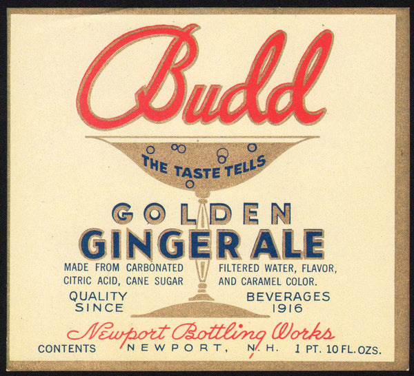 Vintage soda pop bottle label BUDD GOLDEN GINGER ALE Newport NH unused n-mint+