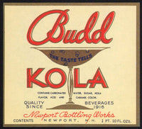 Vintage soda pop bottle label BUDD KOLA Newport NH unused new old stock n-mint