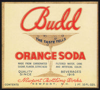 Vintage soda pop bottle label BUDD ORANGE SODA Newport NH unused new old stock