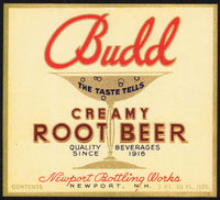 Vintage soda pop bottle label BUDD ROOT BEER Newport NH unused new old stock