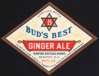 Vintage soda pop bottle label BUDS BEST GINGER ALE Newport NH unused n-mint+