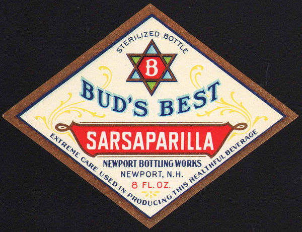 Vintage soda pop bottle label BUDS BEST SARSAPARILLA Newport NH unused n-mint+