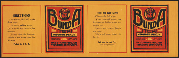 Vintage label BUNDA TEA Colombo New York Calcutta St Louis Indo American Trading