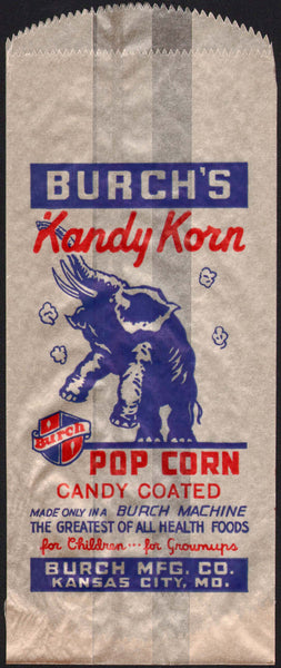 Vintage bag BURCHS KANDY KORN popcorn elephant pictured Kansas City Missouri n-mint