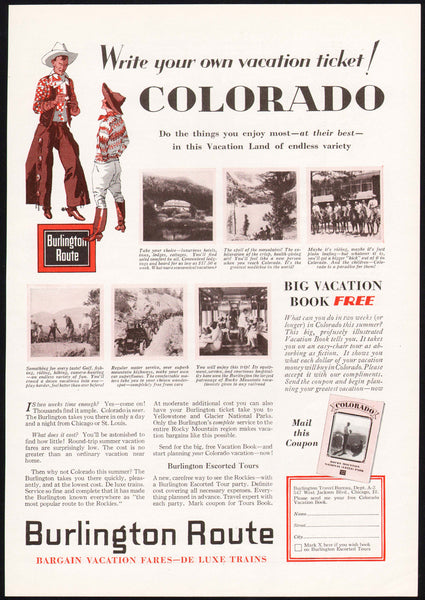 Vintage magazine ad BURLINGTON ROUTE railroad from 1929 Colorado cowboys pictured