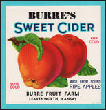 Vintage label BURRES SWEET CIDER apples pictured Leavenworth Kansas new old stock