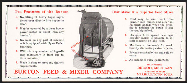 Vintage ink blotter BURTON FEED and MIXER Marshalltown Iowa unused new old stock