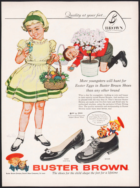 Vintage magazine ad BUSTER BROWN shoes from 1958 girl Easter theme Alex Ross art