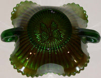 Vintage CARNIVAL GLASS Northwood Butterfly Stippled Rays 2 handled bowl green