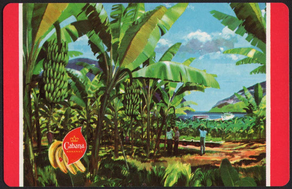 Vintage playing card CABANA BANANAS red border picturing a banana plantation