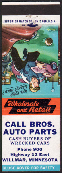 Vintage matchbook cover CALL BROS AUTO PARTS cartoon boy and cars Willmar Minnesota