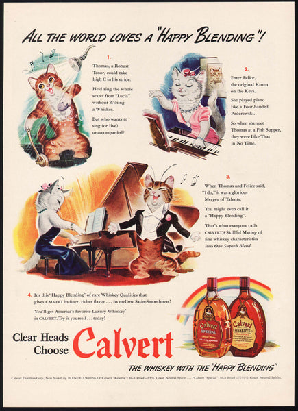 Vintage magazine ad CALVERT WHISKEY 1942 cats singing and playing piano pictured