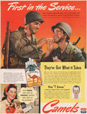 Vintage magazine ad CAMEL cigarettes from 1943 WWII soldiers and Mora Schell pictured
