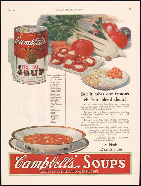 Vintage magazine ad CAMPBELLS OX TAIL SOUP dated 1924 ox tails and vegetables