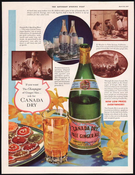 Vintage magazine ad CANADA DRY PALE GINGER ALE from 1937 with bottle pictured