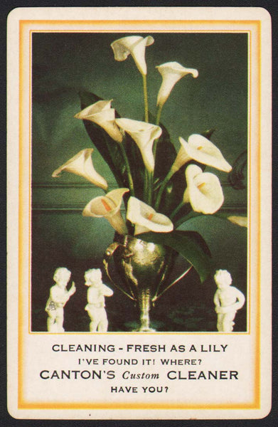 Vintage playing card CANTONS CUSTOM CLEANER Cleaning Fresh as a Lily flowers pictured