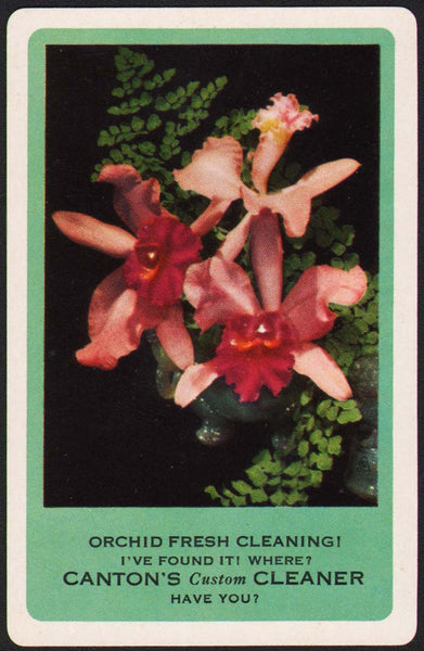 Vintage playing card CANTONS CUSTOM CLEANER Orchid Fresh Cleaning flower picture