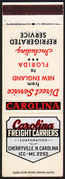Vintage matchbook cover CAROLINA FREIGHT CARRIERS Cherryville North Carolina