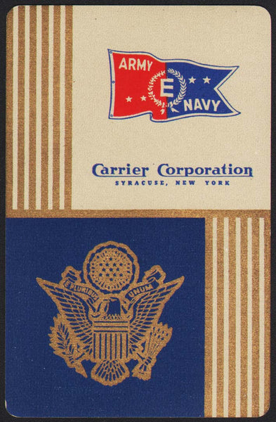 Vintage playing card CARRIER CORPORATION blue background Army Navy flag New York