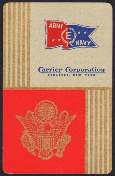 Vintage playing card CARRIER CORPORATION red background Army Navy flag New York