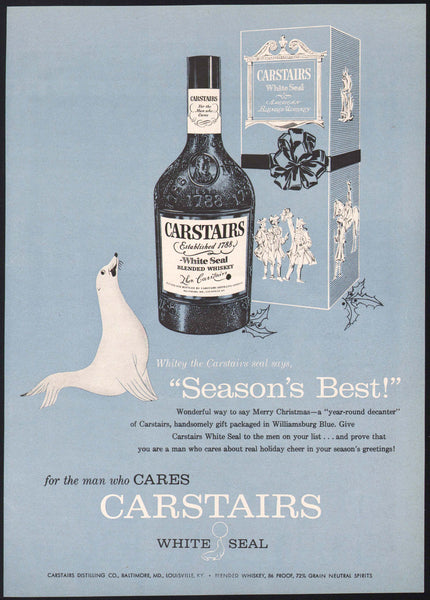 Vintage magazine ad CARSTAIRS WHITE SEAL BLENDED WHISKEY 1956 Whitey the seal