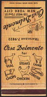 Vintage matchbook cover CASA DELMONTE animals pictured Veal Lamb New York City