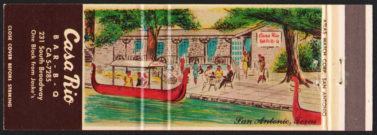 Vintage matchbook cover CASA RIO BAR-B-Q River Walk gondola San Antoni ...