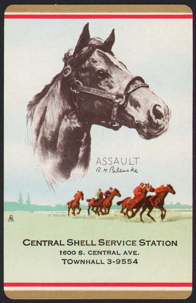 Vintage playing card CENTRAL SHELL gas oil Assault horse pictured R H Palenske art