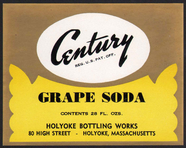 Vintage soda pop bottle label CENTURY GRAPE SODA Holyoke Mass new old stock n-mint