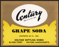 Vintage soda pop bottle label CENTURY GRAPE SODA Holyoke Mass new old stock n-mint