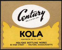 Vintage soda pop bottle label CENTURY KOLA Holyoke Mass unused unused n-mint+