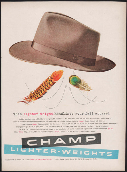 Vintage magazine ad CHAMP LIGHTER WEIGHTS from 1953 with picture Champ Hats New York